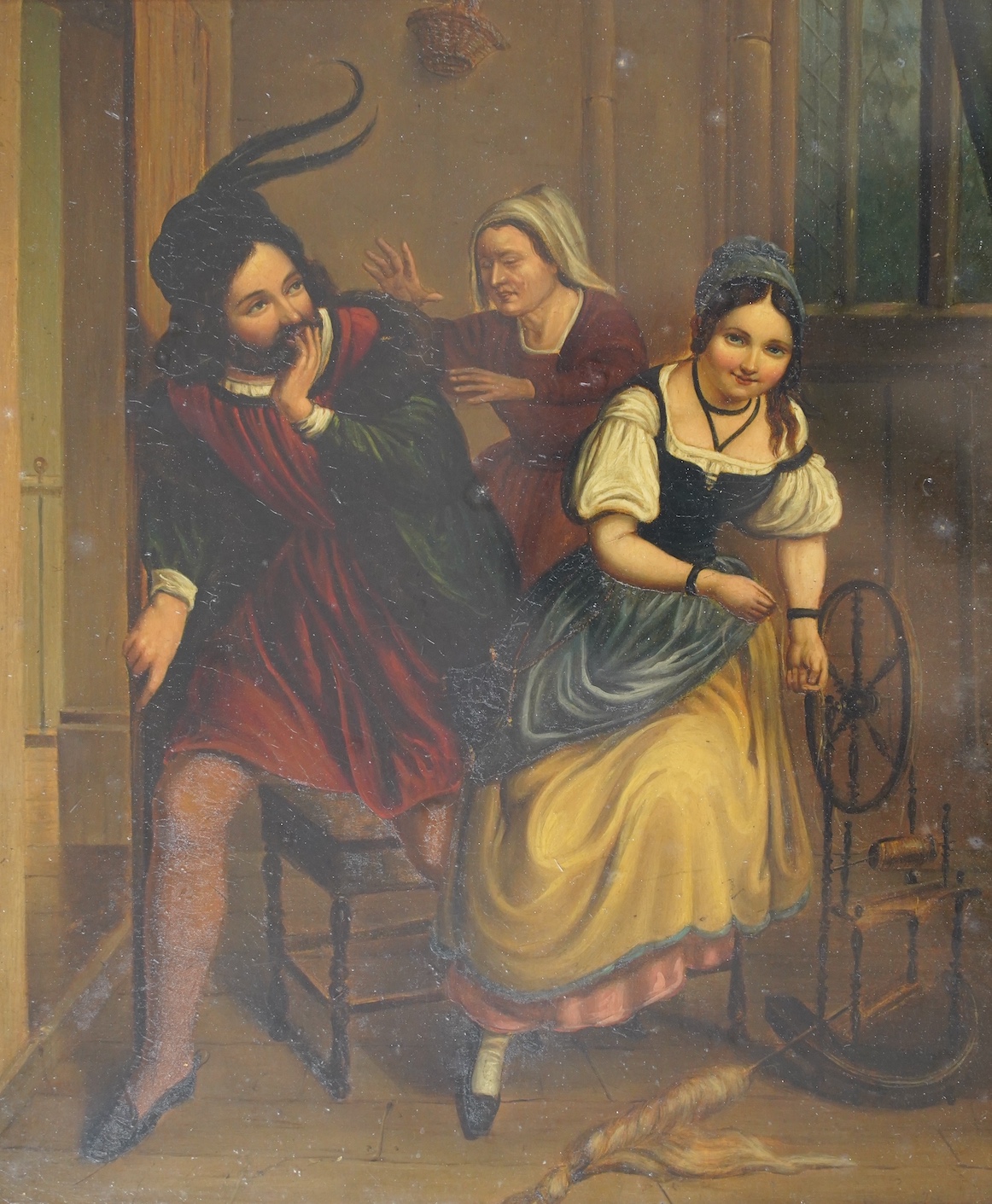 19th century German School, oil on metal panel, possibly zinc, Three figures in an interior, 25 x 20cm, gilt framed. Condition - fair to good